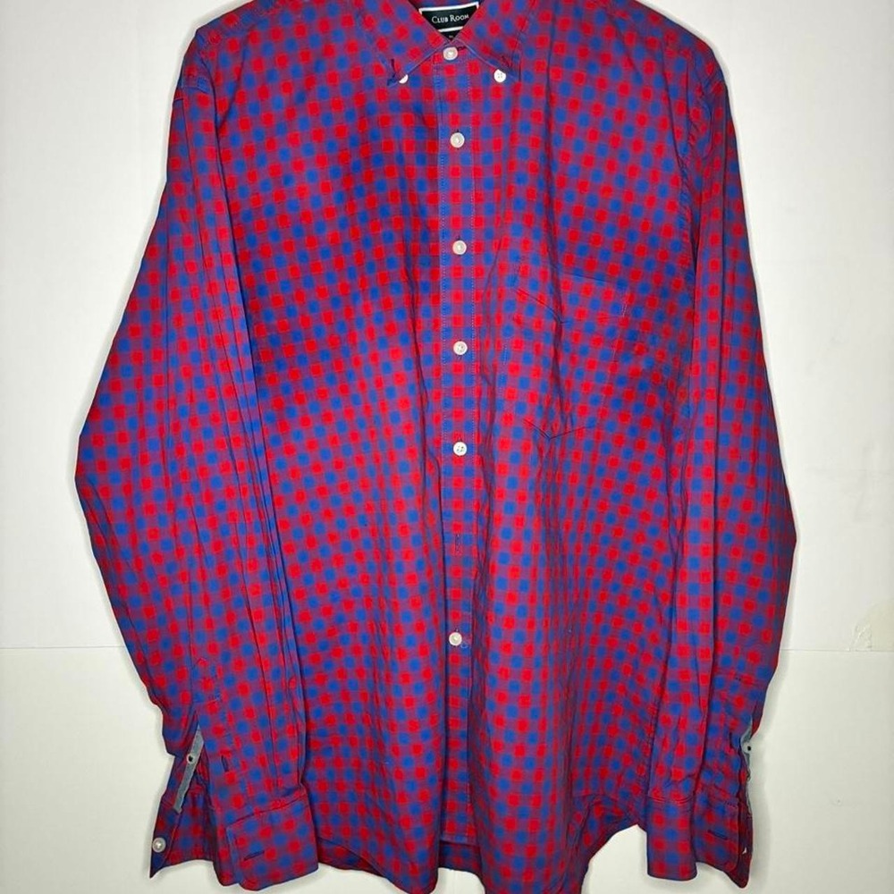 Club Room Mens XL Red & Blue Checkered Long Sleeve Button Down Shirt